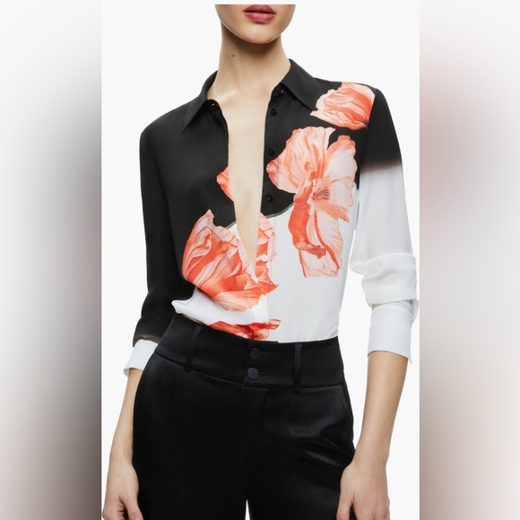 Alice + Olivia Tops - Alice + Olivia Black and White Blouse with Red Floral Design